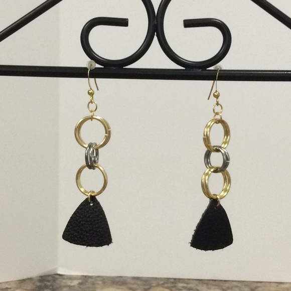 14K Gold & Black Leather Earrings - Picture 1 of 5